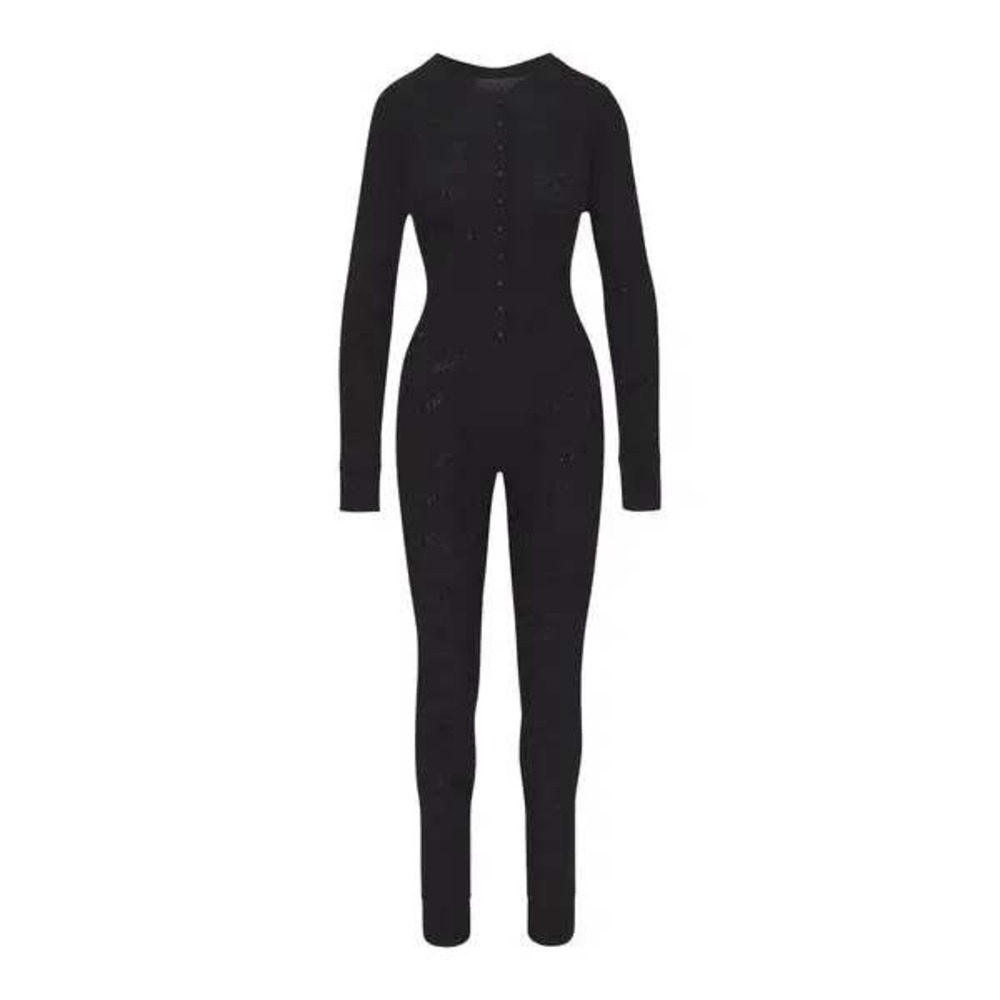 SKIMS New Rhinestone Logo Pointelle Henley One Piece Onyx Black Lounge Pajama L